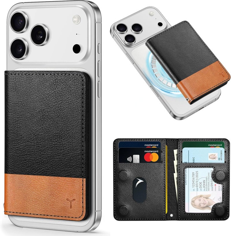 TUCCH for Magsafe Card Holder with Clear ID Window, Fit 6 Cards, RFID Blocking PU Leather Magnetic Phone Wallet for iPhone 17/16/15/14/13/12/Plus/Air/Pro/Pro Max Series, Textured Black & Light Brown - Image 1